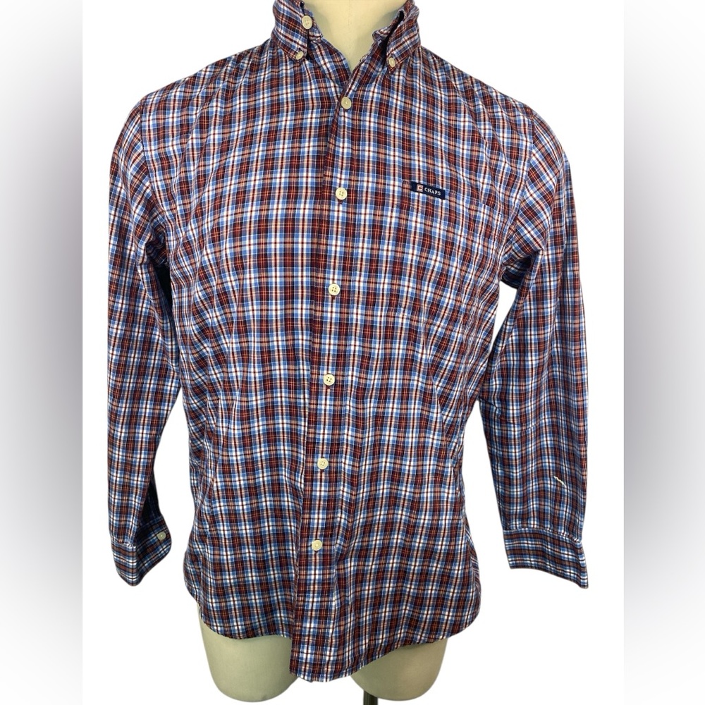 Chaps Men's Blue and Red Plaid Long Sleeve Button-Down Shirt Medium